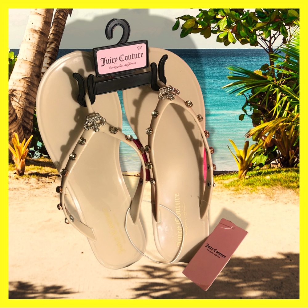 NWT Juicy Couture “Rubby” Sandals Flip Flops Rhinestones Nude Various Sizes